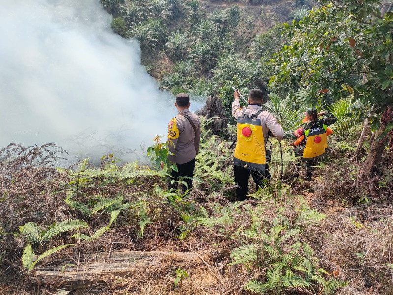 Polres Rohul Berjibaku Padamkan Lahan Terbakar Di Desa Cipang Kiri Rokan IV